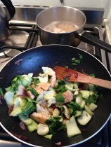 Paksoi, red union, red pepper, chicken (also good with white fish). Add soy sauce/sesame oil/seed yummm